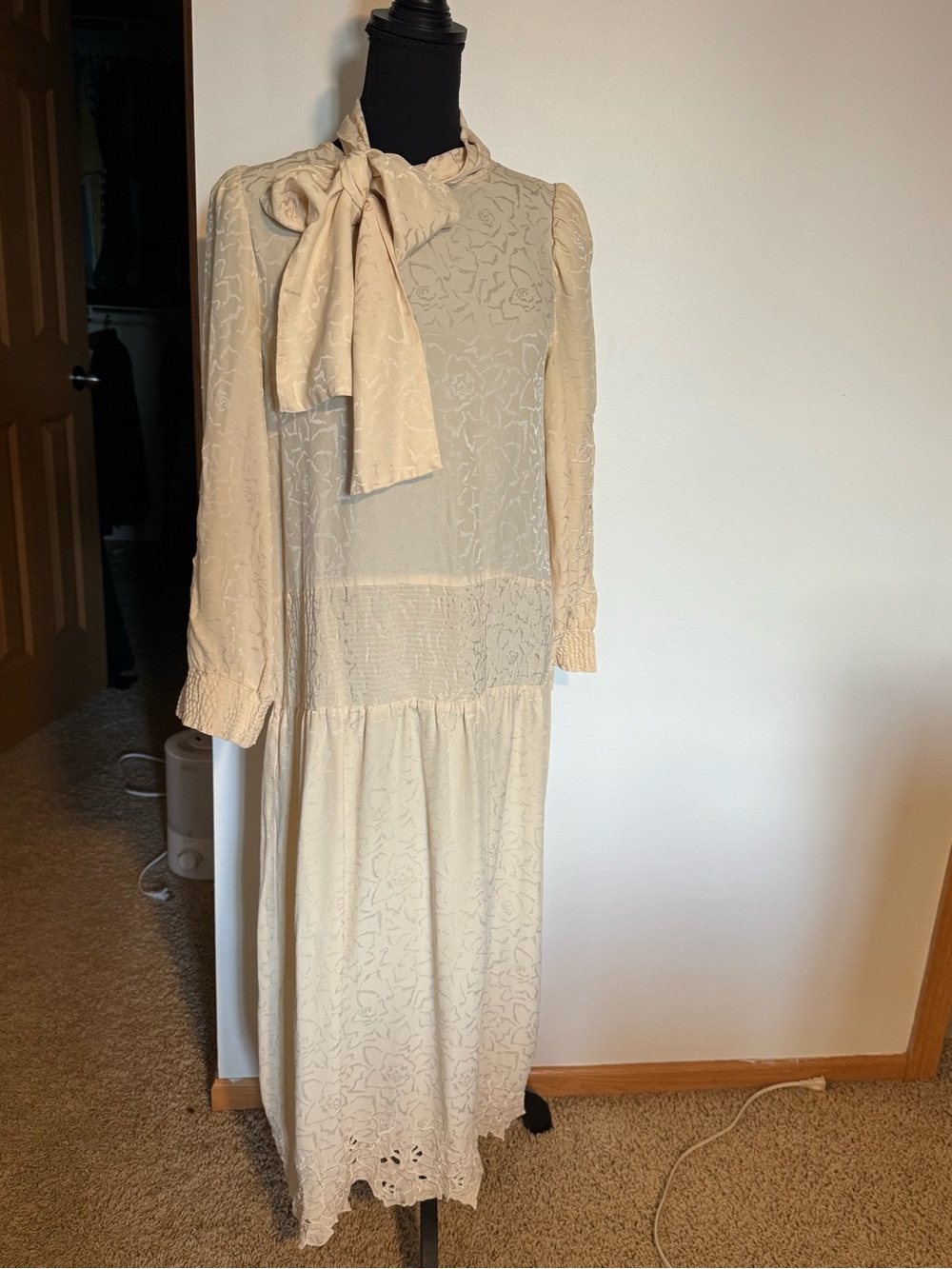 Cream Long-Sleeve Tie-Neck Midi Dress